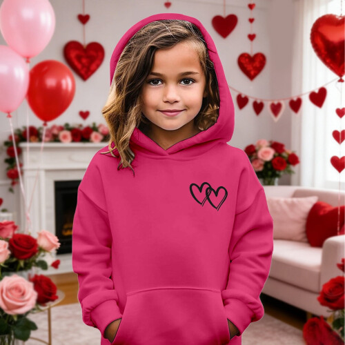 Girls' Pullover Hoodie with Double Heart Print and Front 1