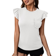 Bluză casual fără mâneci pentru femei, cu guler rotund tricotat cu nervuri, cu material moale și ușor elastic, cu design cu volane, de vară,