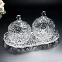 (Default) New 3PC GLASS SUGAR BOWL / GLASS CANDY BOWL WITH LID & TRAY CRYSTAL EFFECT