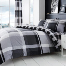 (Waverly Grey, Double) Check Duvet Cover Set Reversible Bedding Soft & Cosy Poly Cotton Printed Single Double King Size