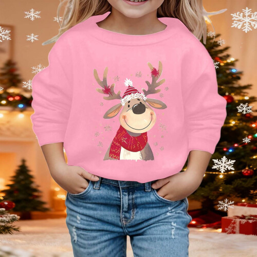 Kids Christmas Pullover Reindeer Print Round Neck Long 1