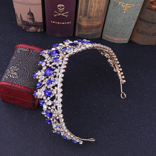 Fascia per capelli da sposa con corona e strass blu e oro per donna 1