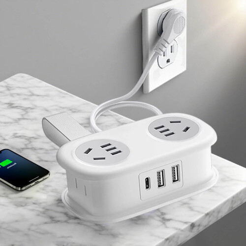 Power Strip Surge Protector with 4 Outlets, 2 USB (1 USB-C), 5ft Flat Plug, 3-Side Extender, Wall Mount – Compatible with US Outlets 1