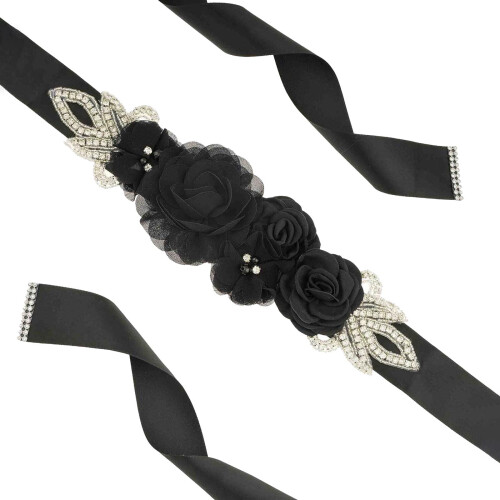 Sort satin blomster bryllupsbælte 270 cm 2