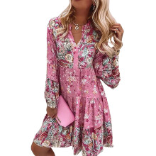Rochie mini elegantă, scurtă, cu volane, pentru femei, la modă, cu decolteu în V, mânecă lungă, lejeră, în linie A, cu o notă romantică