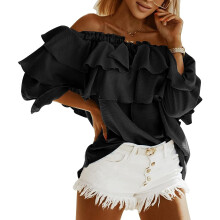 Hauts superposés pour femmes, blouse à volants et fronces, épaules dénudées, manches longues, style décontracté chic idéal pour l'été,