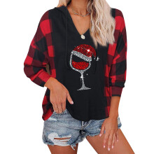 Sudadera con estampado de cuadros para mujer, sudadera informal navideña de manga larga con cuello en V, sudadera con capucha para las fiestas,