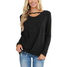 Locker geschnittene Damenbluse mit langen Ärmeln, schlichtem und doch klassischem Design, Tunika-Bluse mit Knotensaum und Cut-out-Ausschnitt,