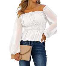 Bluză de damă cu mânecă lungă și top scurt, bluză cu peplum și mânecă lungă și detalii elastice cu volane, decolteu pătrat, bluză din