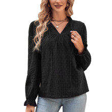 Bluză elegantă cu decolteu în V pentru femei, topuri cu mâneci lungi cu model felinar, model cu nodă și țesătură Jacquard, pulover lejer și