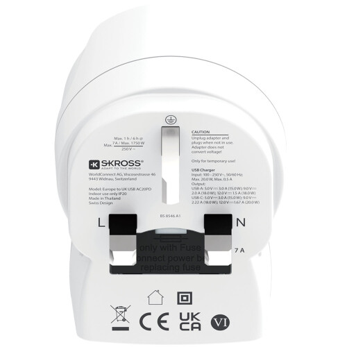 EU to UK Plug Adapter, USB-A/USB-C 20W PD Grounded 2