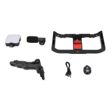Adjustable Handle Grip Smartphone Rig with Integrated CRI97+ LED Lighting, Universal Phone Clip, and Multi-Function Accessory Support for Vloggers