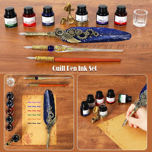 Σετ μελανιών στυλό Quill με 6 μπουκάλια, στυλό Quill & Dipping, 17 μύτες, χαρτί, φάκελο, 2