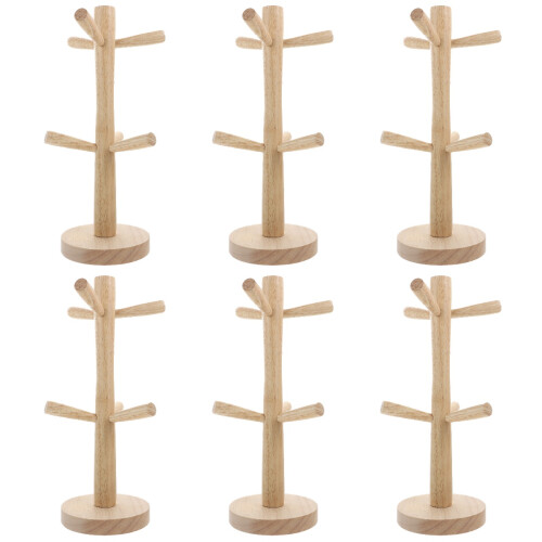 6Pcs Beige Wooden Cup Draining Rack Stylish Tree Shape Storage Holder 2