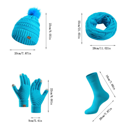 Conjunto de gorro, cachecol, luvas e protetor de pescoço em tricô, cor turquesa, 4 peças. 1