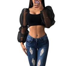 Bluză scurtă din plasă transparentă, stil transparent cu mâneci lungi bufante, tricou la modă cu decolteu în V pentru femei, croială slim fit