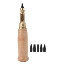 Multi Size Punching Tool For Leather And Fabric, Ergonomic Wood Handle Brass Head Adjustable Puncher With Six Steel Tip Sizes For Creative DIY