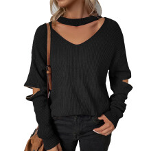 Afslappet hverdagstrøje til kvinder, løstsiddende langærmet pullover med V-hals, off-shoulder striktop, grov strikpullover,