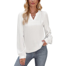 Locker geschnittene Damenbluse mit abgerundetem Saum, fließendem Schnitt, elegant-lässiges Oberteil mit V-Ausschnitt und Puffärmeln, femininer