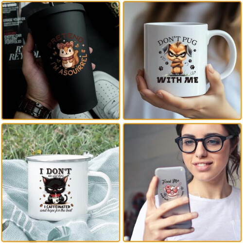 20 τεμάχια UV DTF Cup Wraps: 20 αυτοκόλλητα με αστεία ζώα (Γάτα/Σκύλος/Πάντα), αδιάβροχα, 2
