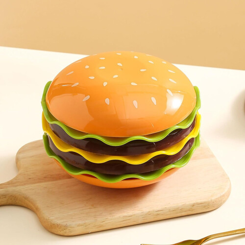 Ceramic Hamburger Plates & Bowls Set, 7-Pc Stackable Novelty Dinnerware for BBQ, Kids & Adults (1 set) 1