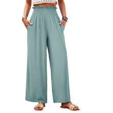 Elastische High-Waist-Hose für Damen, locker geschnittene High-Waist-Hose mit weitem Bein und Taschen, Palazzo-Hose, fließend, lässig,