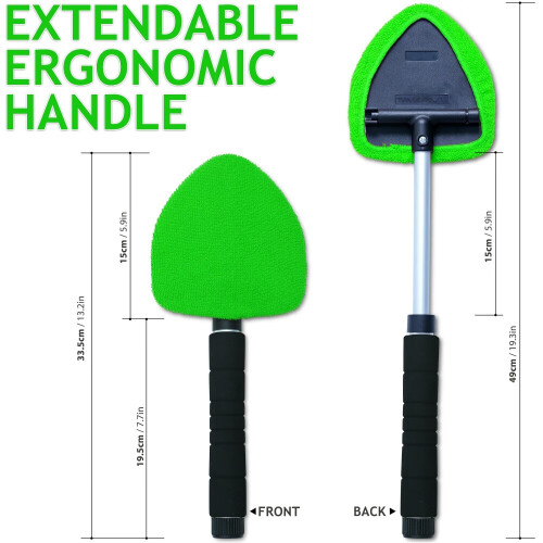 Windshield Cleaner Tool with Handle, Pivoting Triangular Head & 3 Washable Microfiber Bonnets – Car & Home Use 1