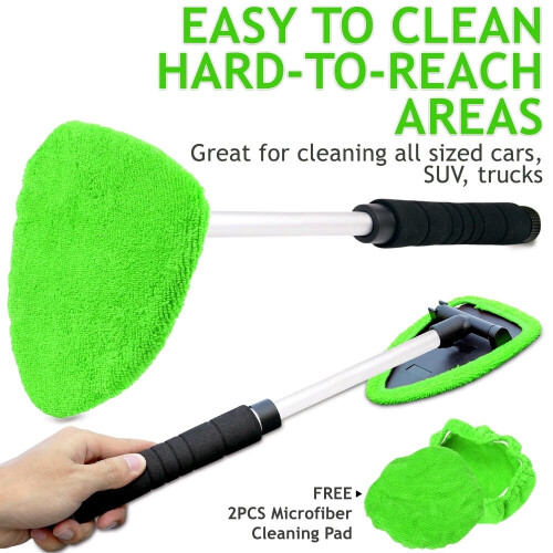 Windshield Cleaner Tool with Handle, Pivoting Triangular Head & 3 Washable Microfiber Bonnets – Car & Home Use 2