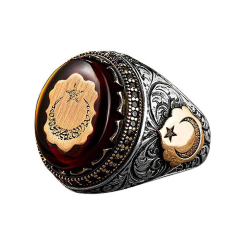Turkish Signet Ring Vintage Red Stone Handmade Engraved 1