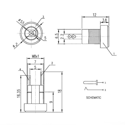 5 st DC-022B nätaggregatsuttag honkontakt för panelmontering 5,5x2,1 mm 2