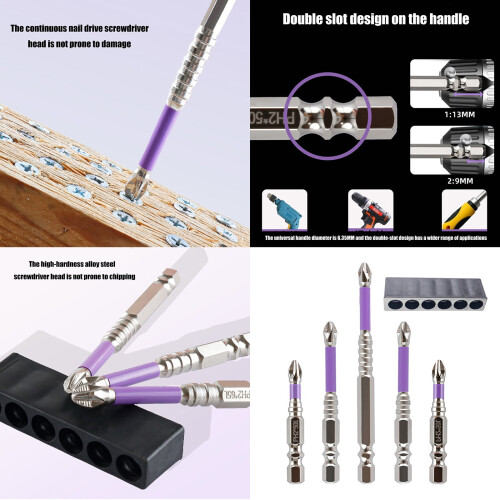 6Pcs Impact-Ready Screwdriver Bits with Shank, Antislip Drill Attachments for Head Fastening 1
