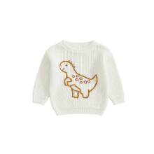 (12-18 Months, White) Baby Boy Sweater Long Sleeve Crew Neck Dinosaur Embroidery Knit Tops Comfortable Newborn Pullover