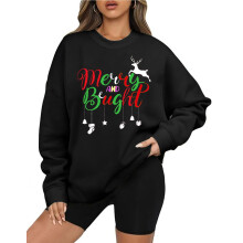 (M, Black) Women Christmas Sweatshirt, Long Sleeve Crew Neck Letters Deer Print Hoodie Pullover for Casual Daily