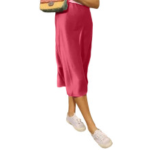 (S, Rose Red) Women's Summer High Waist Skirt Solid Color Long Satin Skirt for Travel, Beach, Shopping