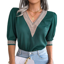 Modische Bluse mit Spitzenbesatz, atmungsaktive Damenbluse, leichtes Chiffon-Top mit V-Ausschnitt und halben Ärmeln, weiches Material, schickes