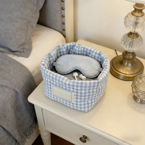 Light Blue Checkered Fabric Storage Basket 1
