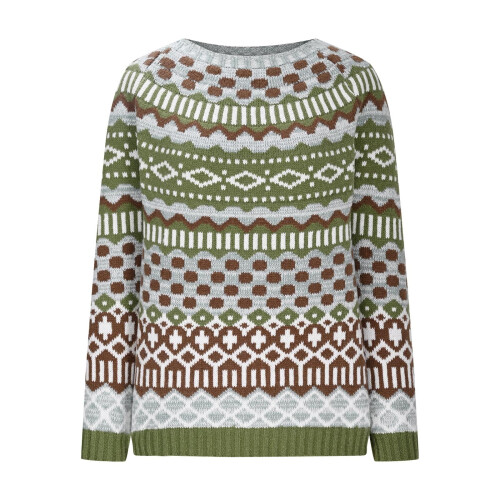 Γυναικείο πλεκτό Fair Isle print ρετρό πουλόβερ με στρογγυλή λαιμόκοψη και μακριά 2