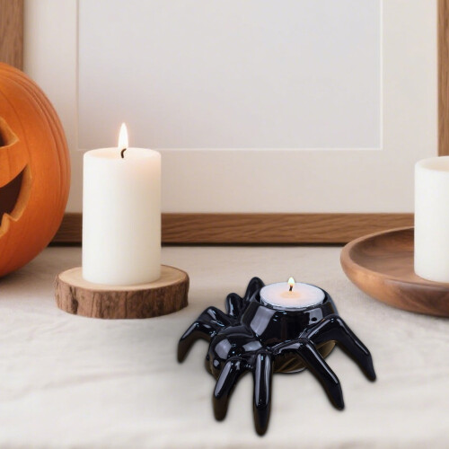 Κεραμική θήκη κεριών για Halloween με σχέδιο μαύρης αράχνης – Κηροπήγιο ρεσώ για 1