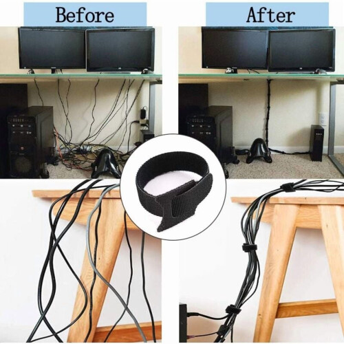 100 Pieces Cable Ties, Cable Ties, Reusable Cable Storage Straps and Fixing Cords, Hook and Loop, Black 2