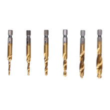 Outil de taraudage à queue hexagonale, foret et taraud combinés à goujures hélicoïdales pour l'évacuation des copeaux, pointe auto-centrante,