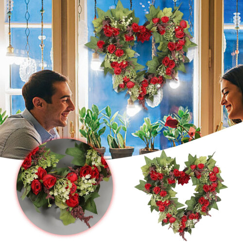 Corona de rosas artificiales en forma de corazón, roja, 35,5 cm (14 pulgadas) 1
