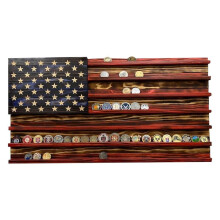 Présentoir Mural en Bois Massif pour Pièces de Monnaie de Défi Militaire avec Drapeau Américain Vintage