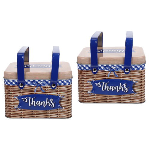2Pcs Blue Handheld Metal Cookie Gift Tin Practical Storage Box 2