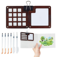 Portable Watercolor Palette Set, 15 Grids Wooden Palette Box Watercolor Paper Pad Watercolor Sketch Book