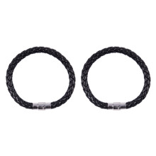 2X Schmuck Armband, Leder Edelstahl, Geflochten Echtleder Armreif, fuer Herren Damen, Schwarz - Breite 6mm - Laenge 18cm