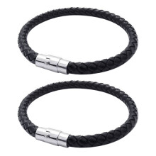 2X Bracelet en Cuir en Acier Inoxydable, Bracelet en Cuir Tressé, pour Homme Femme, Noir - Largeur 6 mm - Longueur 19 cm