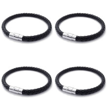 4X Stainless Steel Leather Bracelet, Braided Leather Bracelet, for Men Women, Black - Width 6mm - Length 19cm
