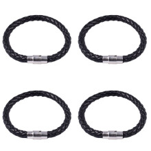 4X Stainless Steel Leather Bracelet, Braided Leather Bracelet, for Men Women, Black - Width 6mm - Length 18cm