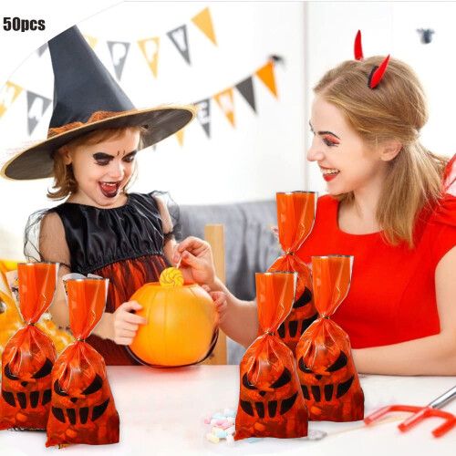50 τεμάχια σακουλάκια για λιχουδιές Halloween, επίπεδες σακούλες από σελοφάν με σχέδιο 1