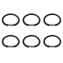 6X Schmuck Armband, Leder Edelstahl, Geflochten Echtleder Armreif, Fuer Herren Damen, Schwarz - Breite 6mm - Laenge 18cm